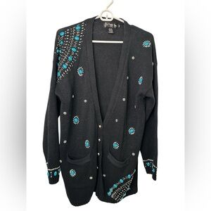Le Chois Cardigan Medium Black Embellished Knit Sweater Silver Blue Beads NWOT